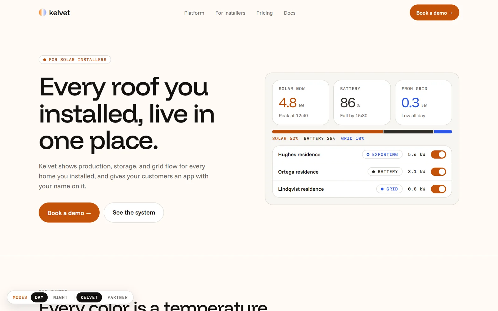 Kelvet landing page in Day mode