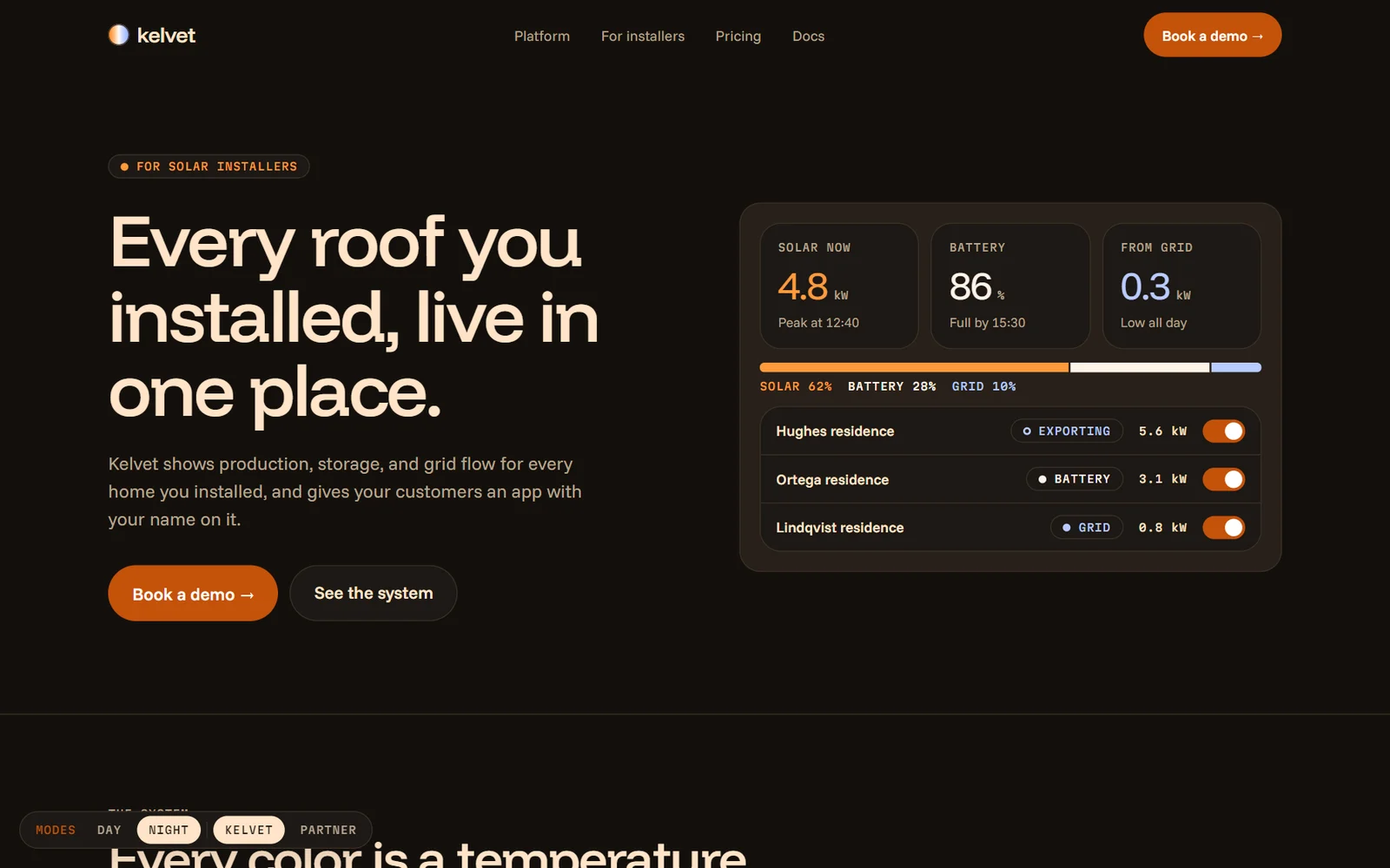 Kelvet landing page in Night mode
