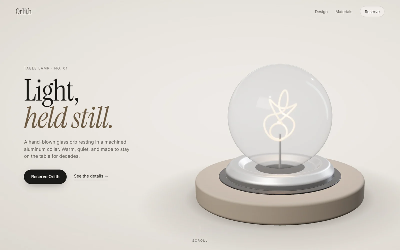 Orlith page hero with the 3D lamp on desktop