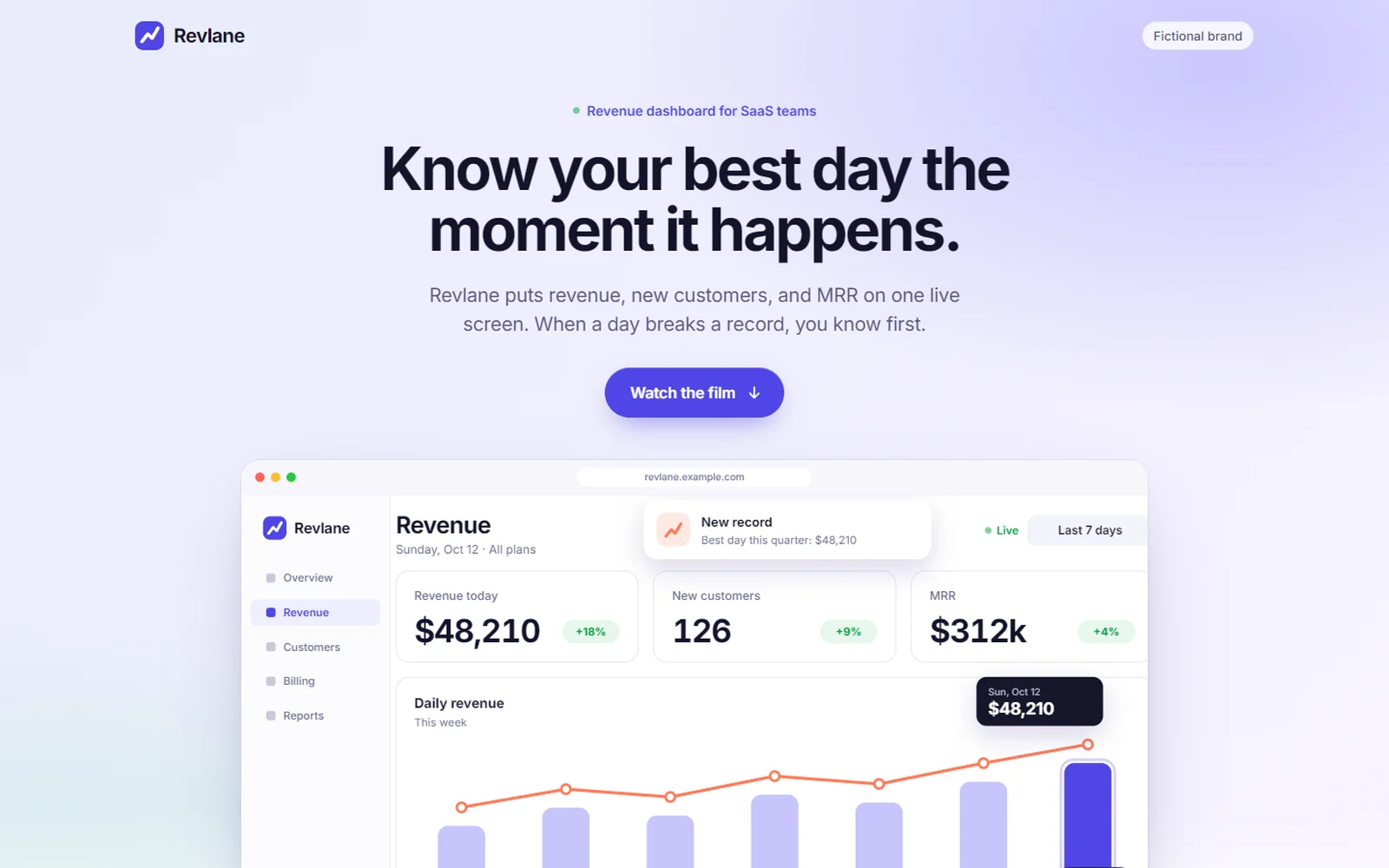 Revlane landing page hero on desktop